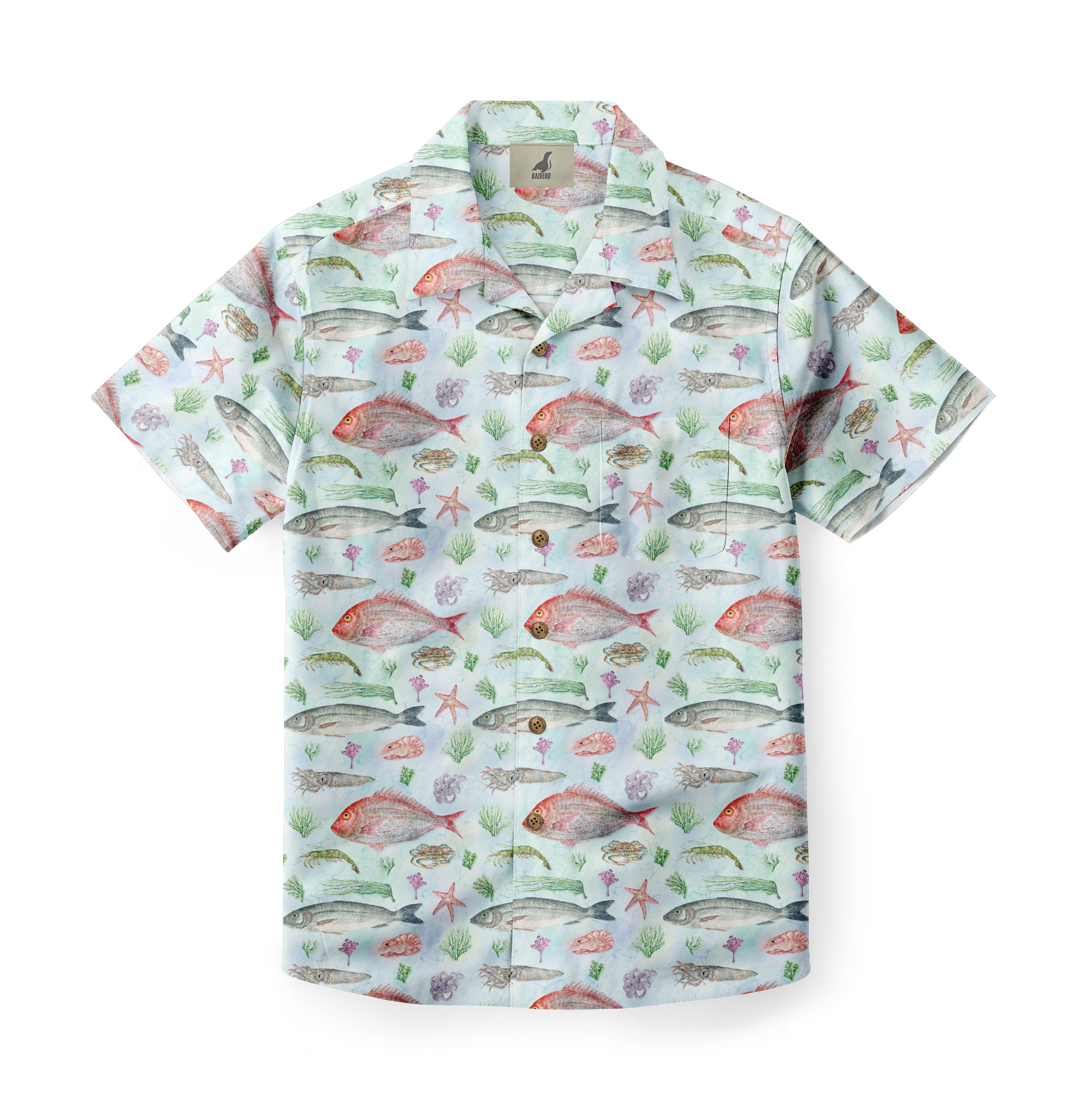 Light blue shirt with colorful fish and sea life print.