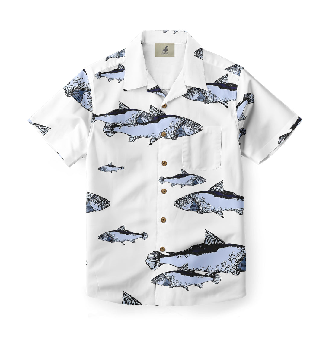 White shirt with blue fish pattern and brown buttons.