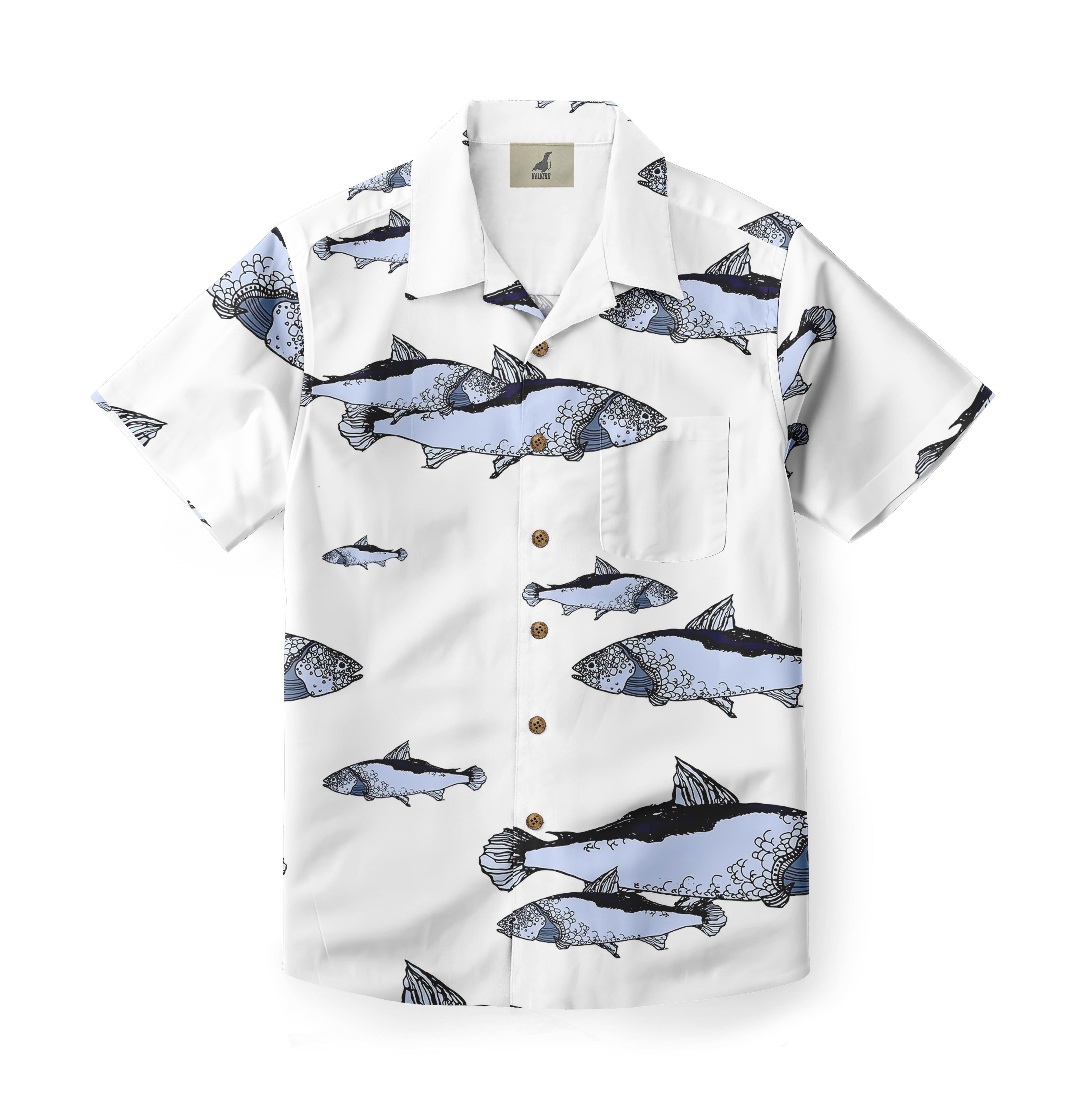 White shirt with blue fish pattern and brown buttons.
