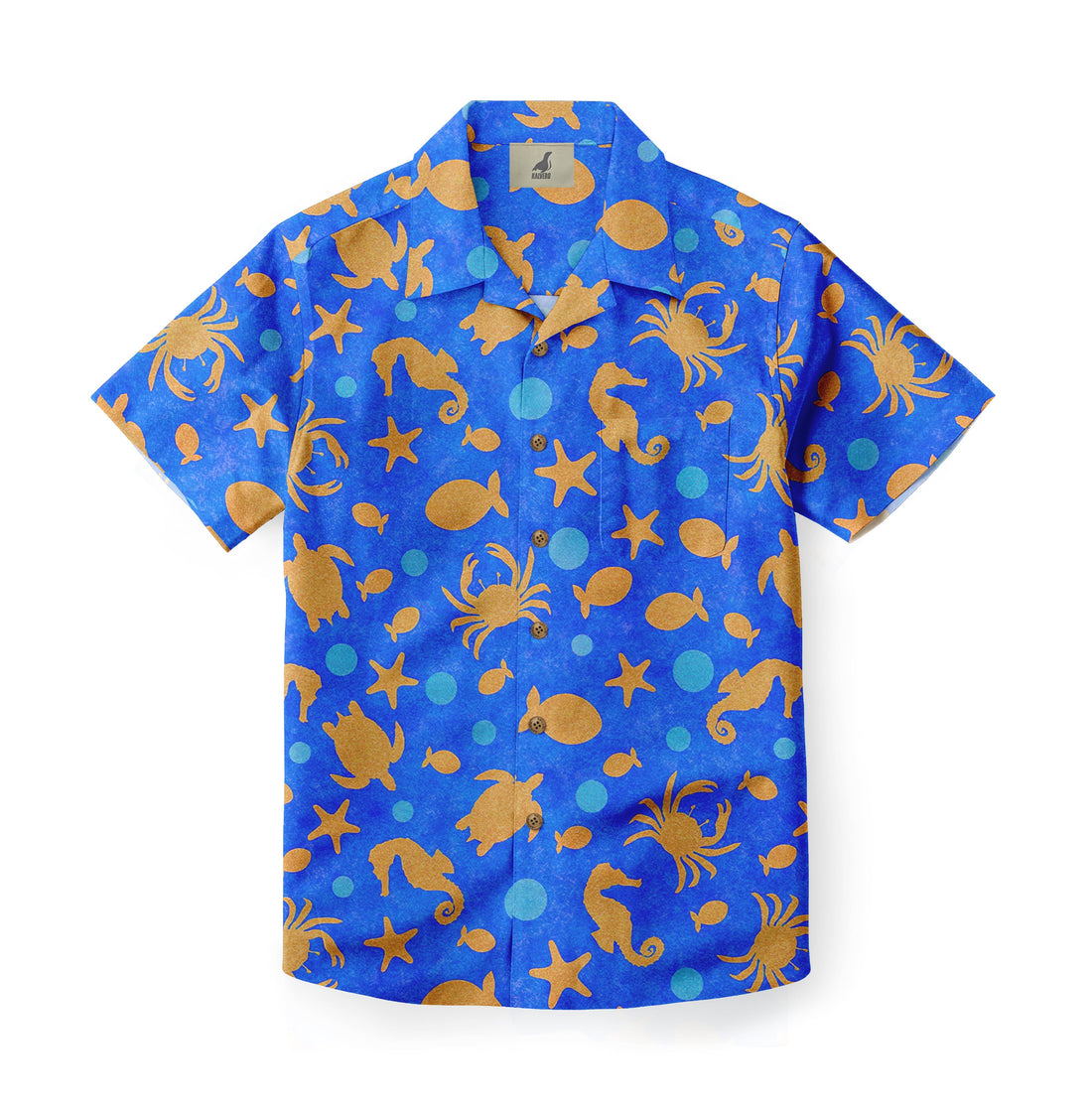 Blue shirt with orange sea creatures and bubbles.