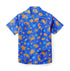 Blue shirt with orange sea creatures and bubbles.
