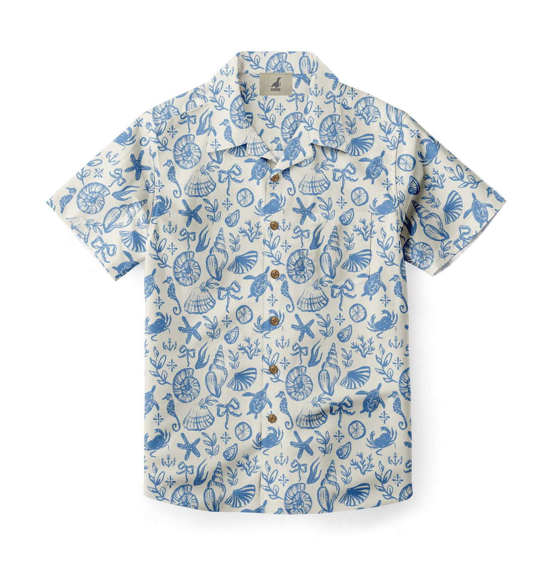 White shirt with blue sea life print, buttons down front.