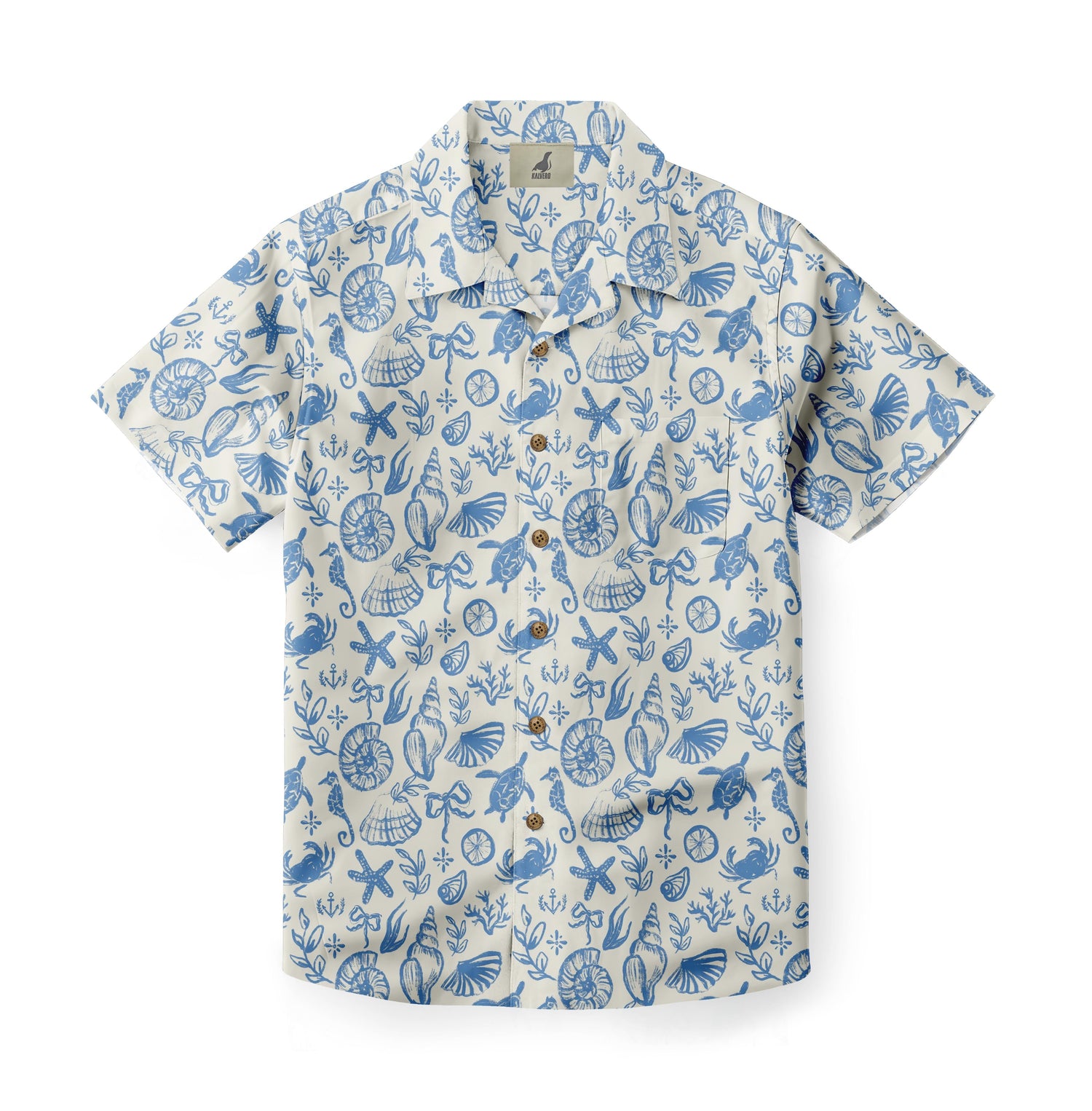 White shirt with blue sea life print, buttons down front.