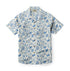 White shirt with blue sea life print, buttons down front.