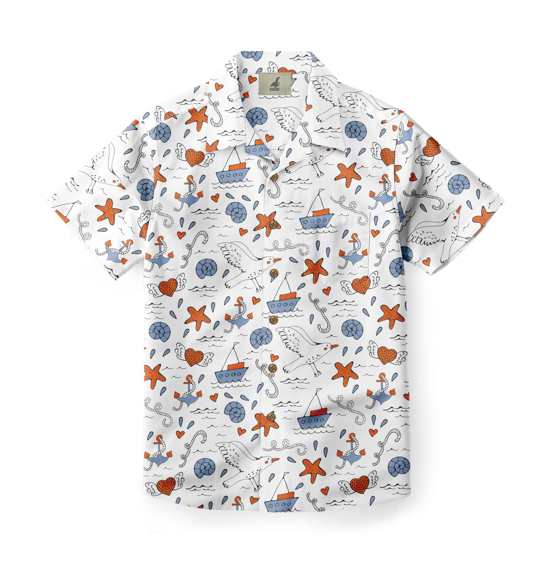 White shirt with blue boats, orange stars, hearts, and seagulls.