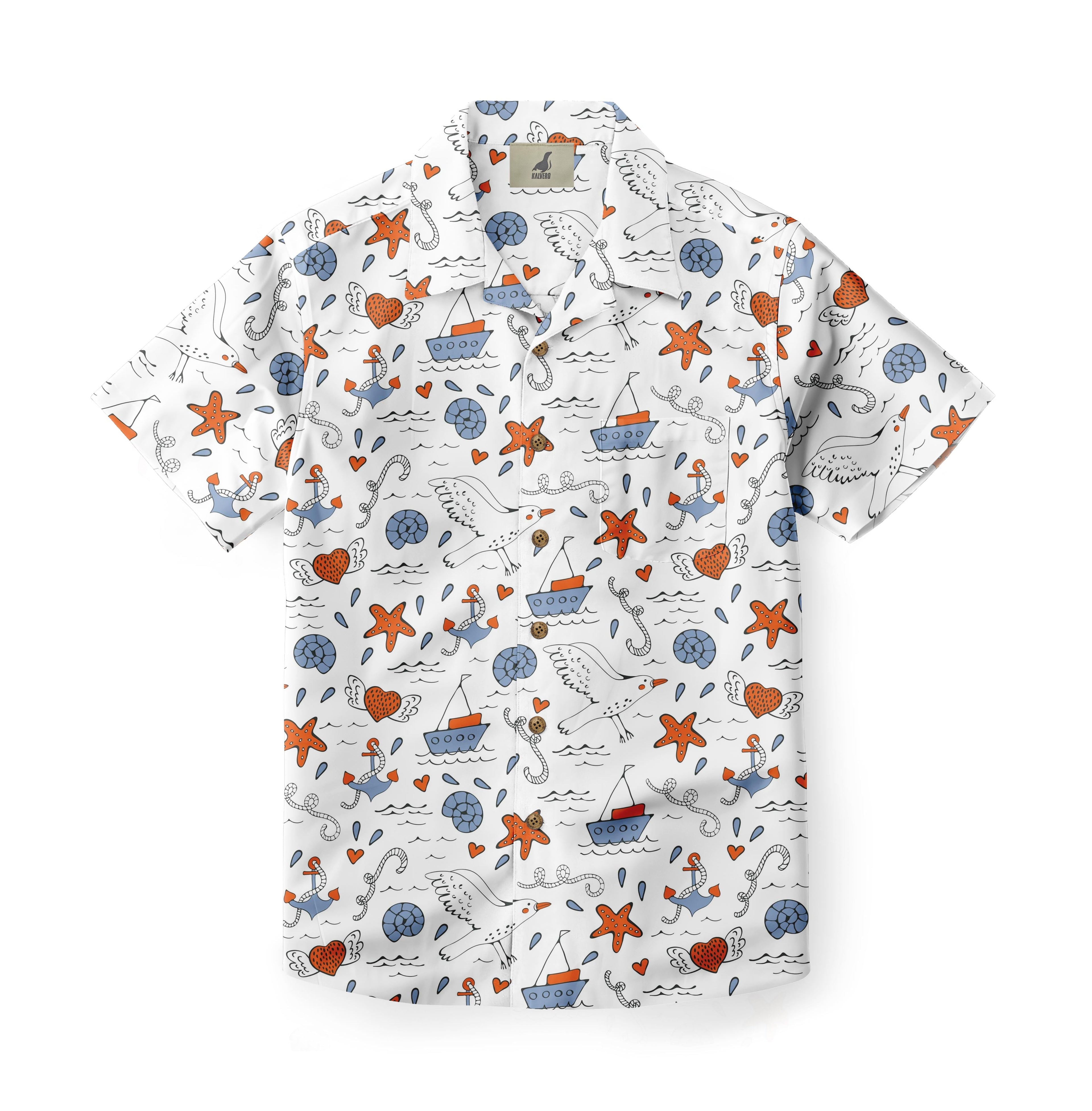 White shirt with blue boats, orange stars, hearts, and seagulls.
