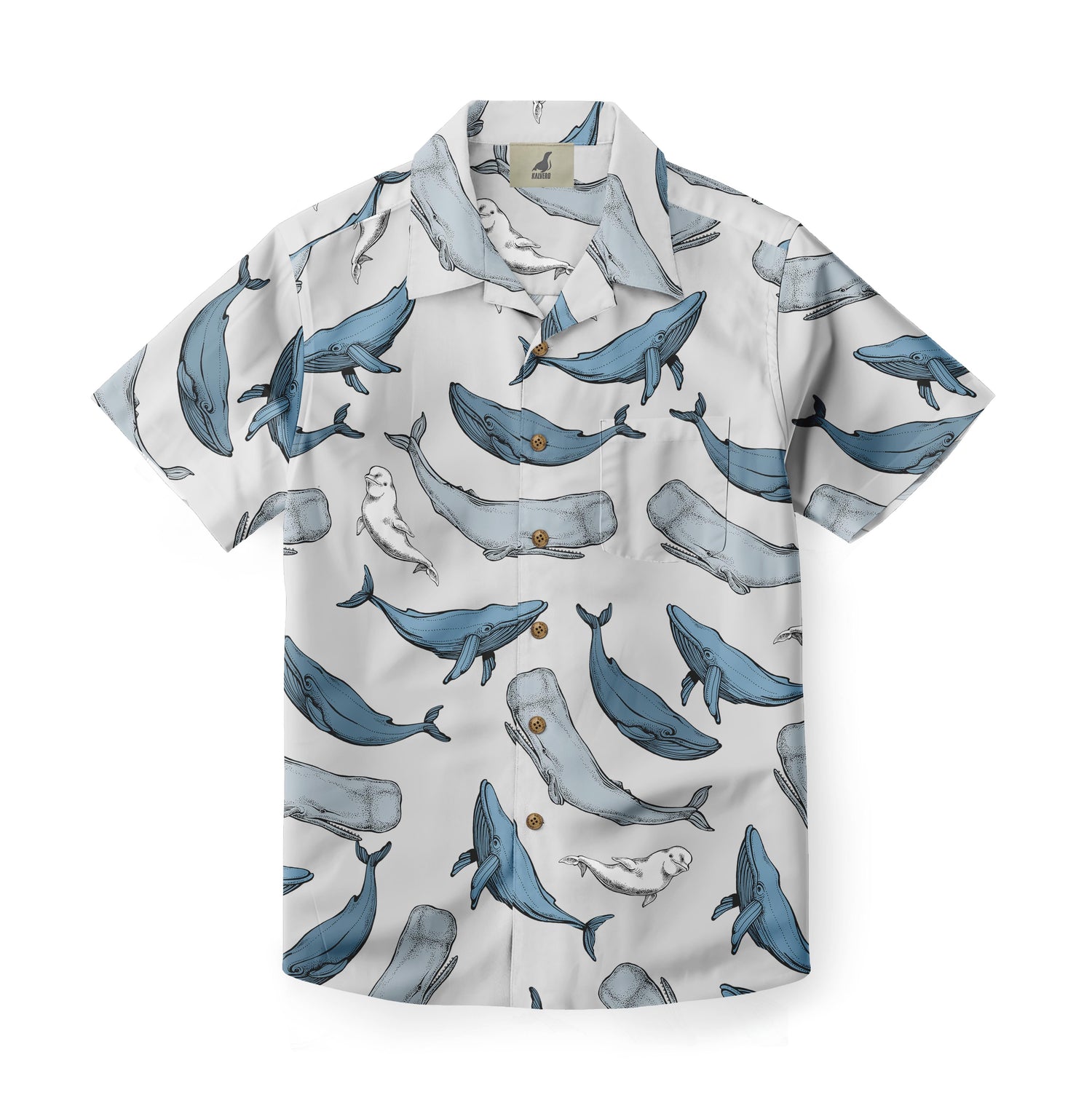 White shirt with blue whale print and brown buttons.