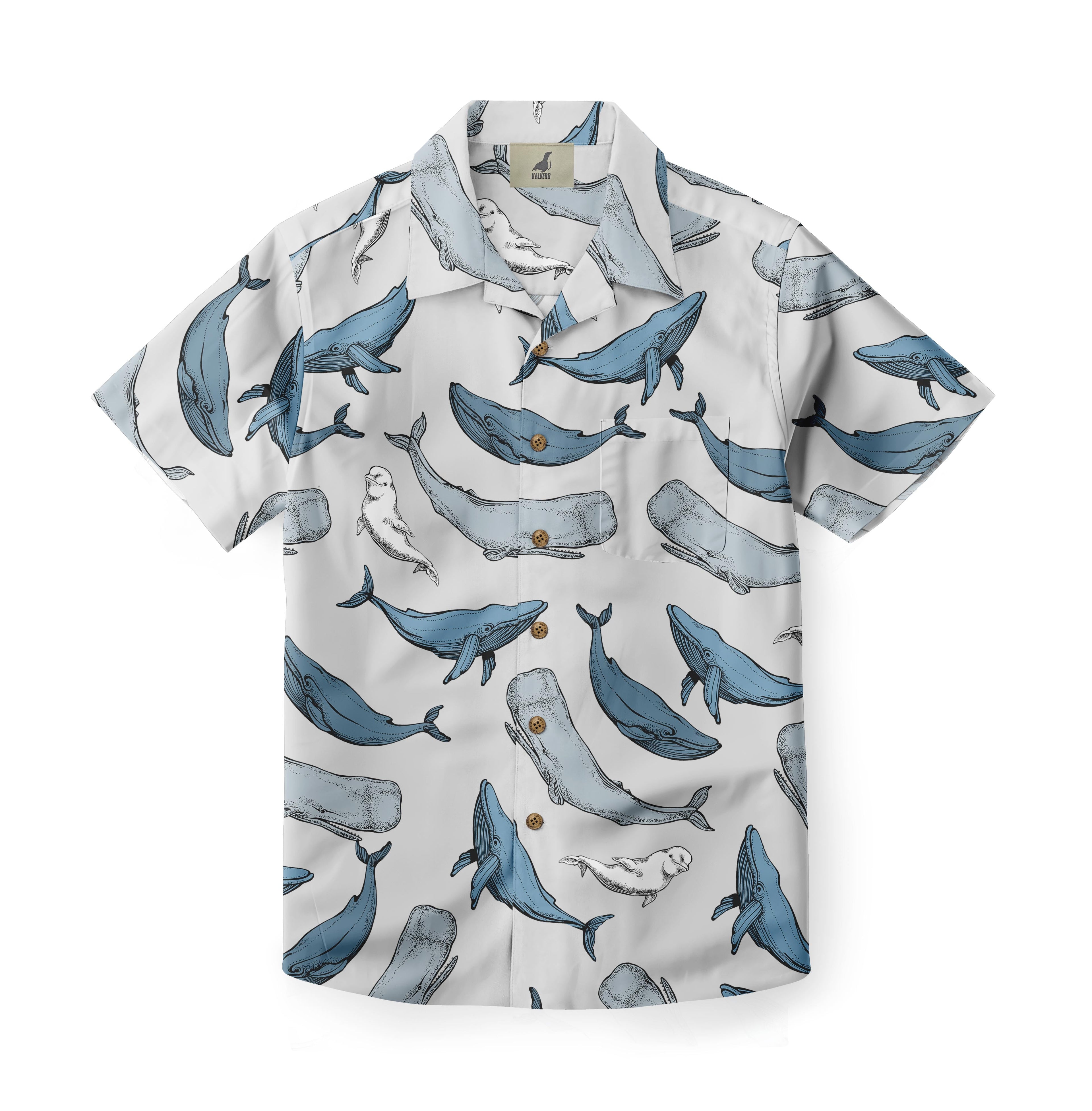 White shirt with blue whale print and brown buttons.