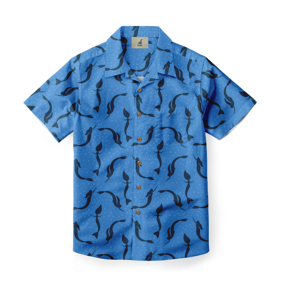 Blue short-sleeve shirt with black dolphin pattern and buttons.