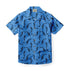 Blue short-sleeve shirt with black dolphin pattern and buttons.