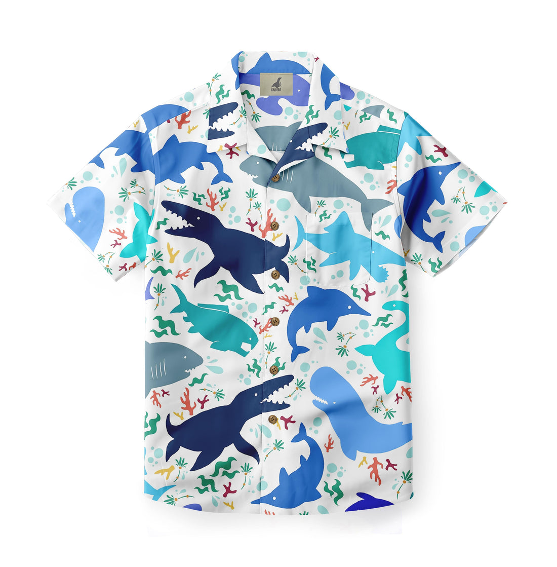 White shirt with blue sharks, coral, and sea plants design.