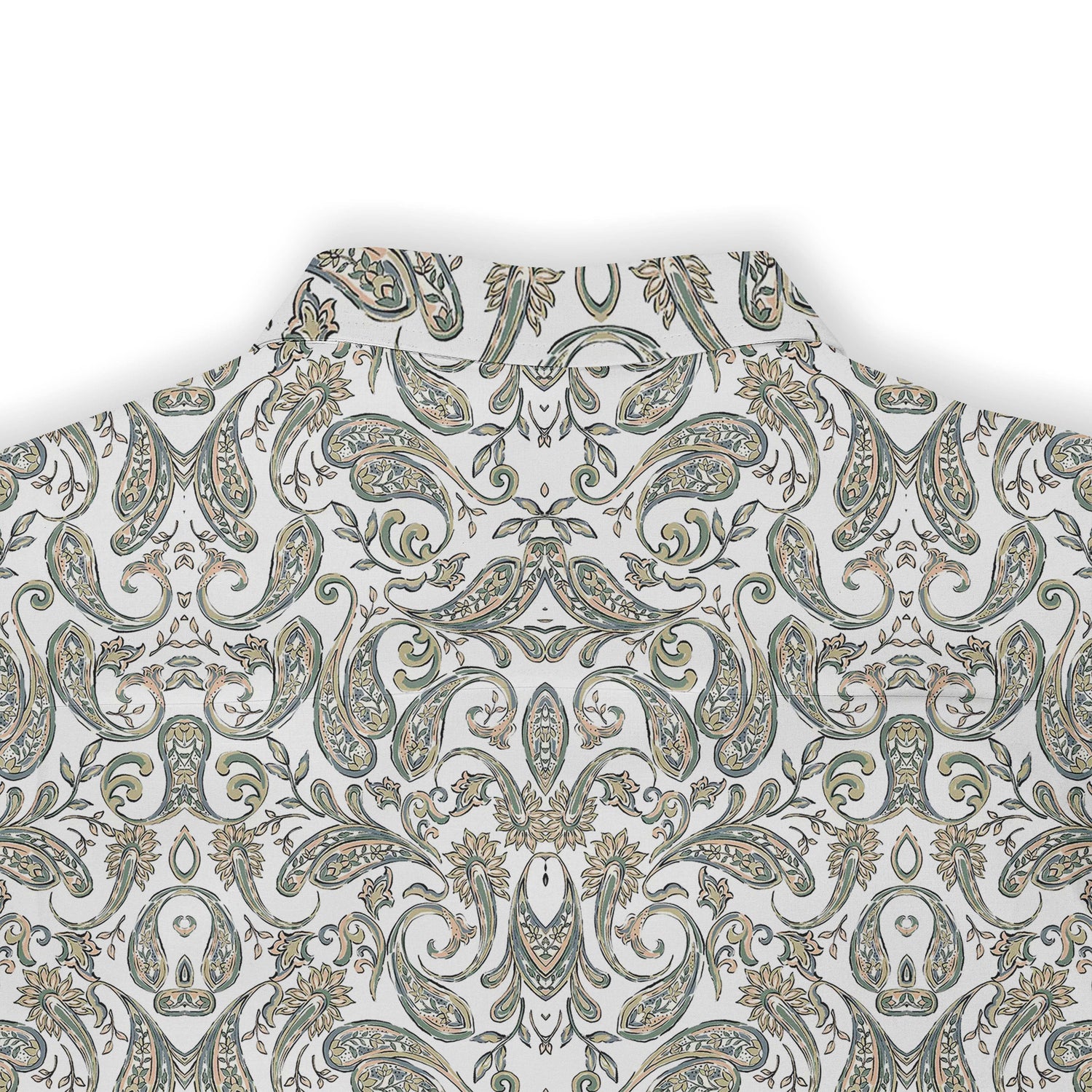 A short-sleeved shirt with a &quot;Serenity Scrolls&quot; pattern, featuring blue and white paisley motifs and floral vines framed by geometric borders back view