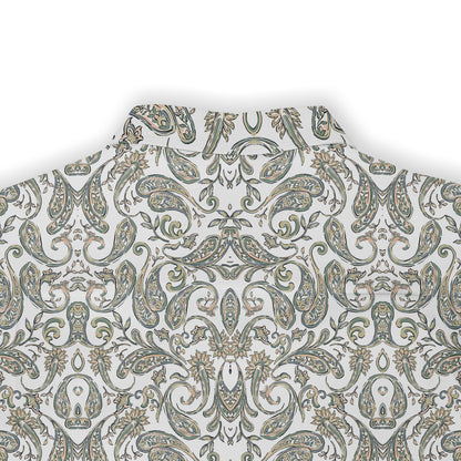 A short-sleeved shirt with a &quot;Serenity Scrolls&quot; pattern, featuring blue and white paisley motifs and floral vines framed by geometric borders back view