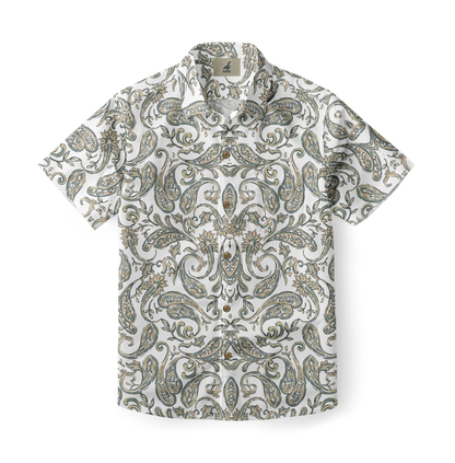 A shirt with intricate paisley motifs in a contemporary color palette.