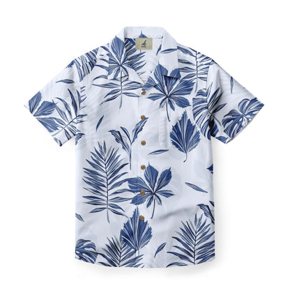 Front view of a shirt with blue tropical leaf patterns on a white background, featuring wooden buttons.