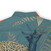 "Back view of a shirt collar featuring a nature-inspired design with sketched leaves, branches, and abstract shapes on a blue-green background."