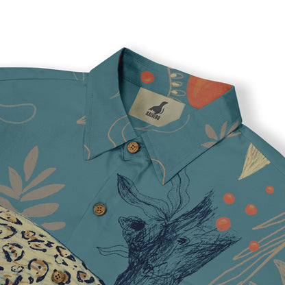 This image shows a close-up view of the shirt collar, featuring the Kalvero logo. The shirt has a jungle-themed design with elements like a leopard, a tree, and abstract patterns in soft teal, beige, and orange colors.