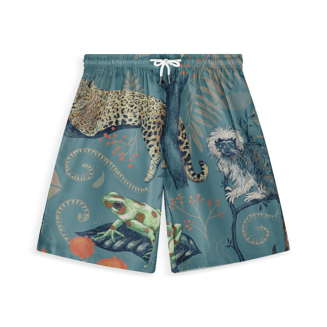 Teal shorts with jungle print featuring a leopard, monkey, frog.