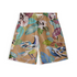 A pair of shorts featuring a vibrant design of colorful birds perched among large, lush leaves and delicate flowers on a beige background.