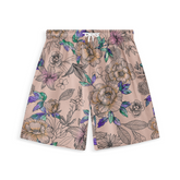 Shorts featuring a delicate floral pattern in shades of purple, green, and orange on a light beige background, with a drawstring waist.