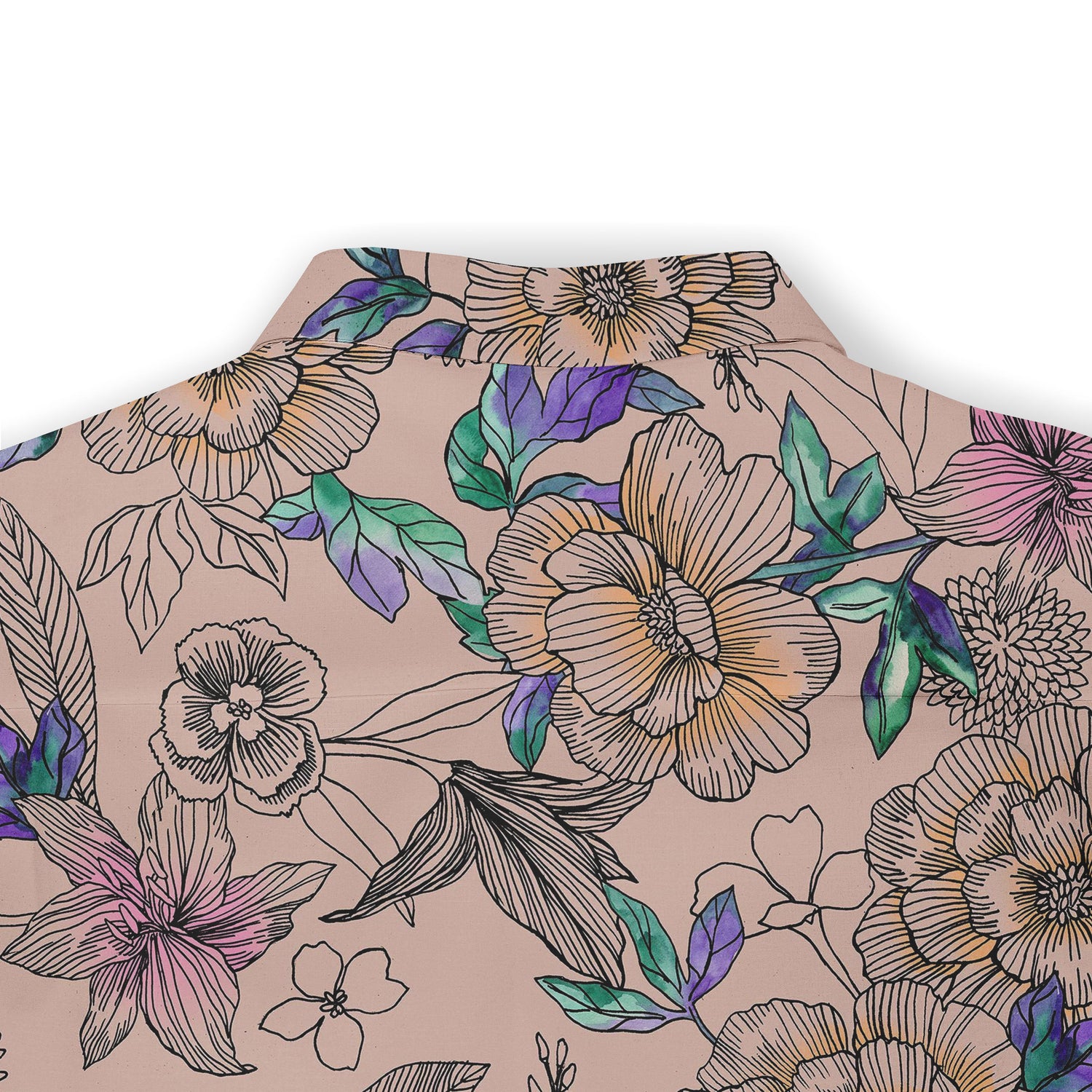 A close-up of the back collar of a Hawaiian shirt featuring a detailed floral pattern in vibrant shades of green, purple, and orange on a beige background.