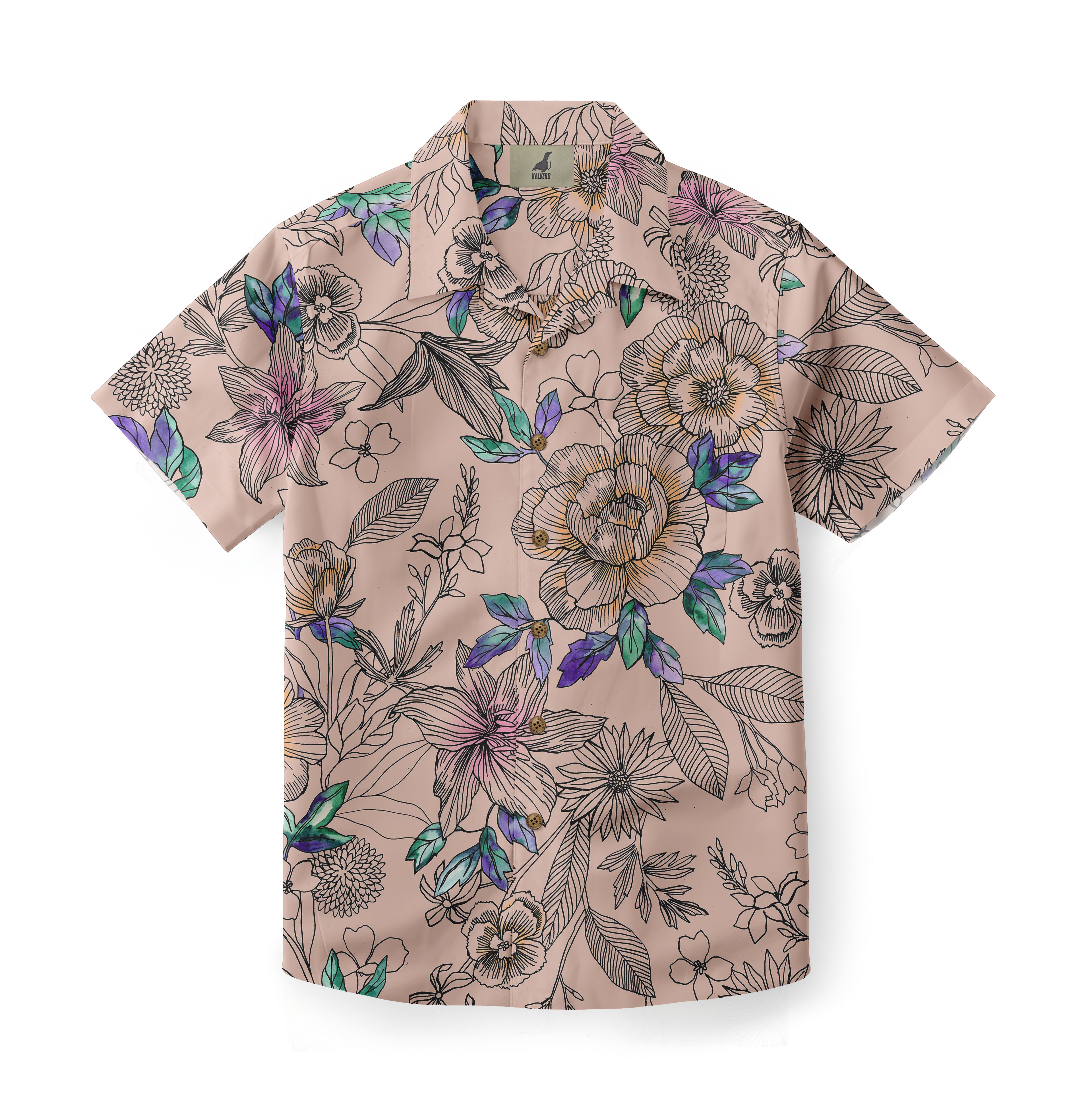 A Hawaiian shirt featuring a delicate floral pattern in shades of purple, green, and orange on a light beige background, with brown buttons.