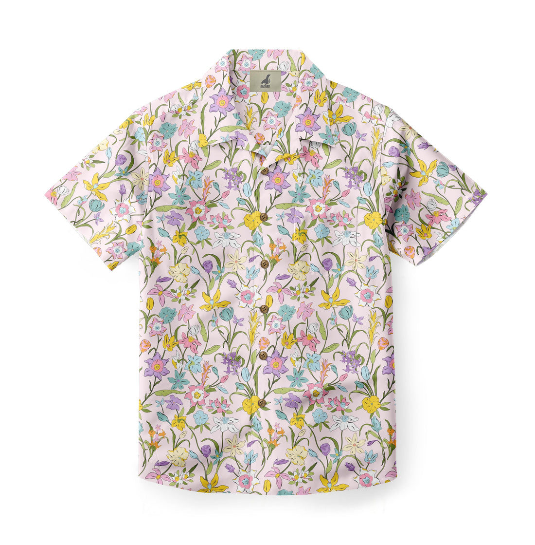 Pink floral short-sleeve shirt with colorful flowers.