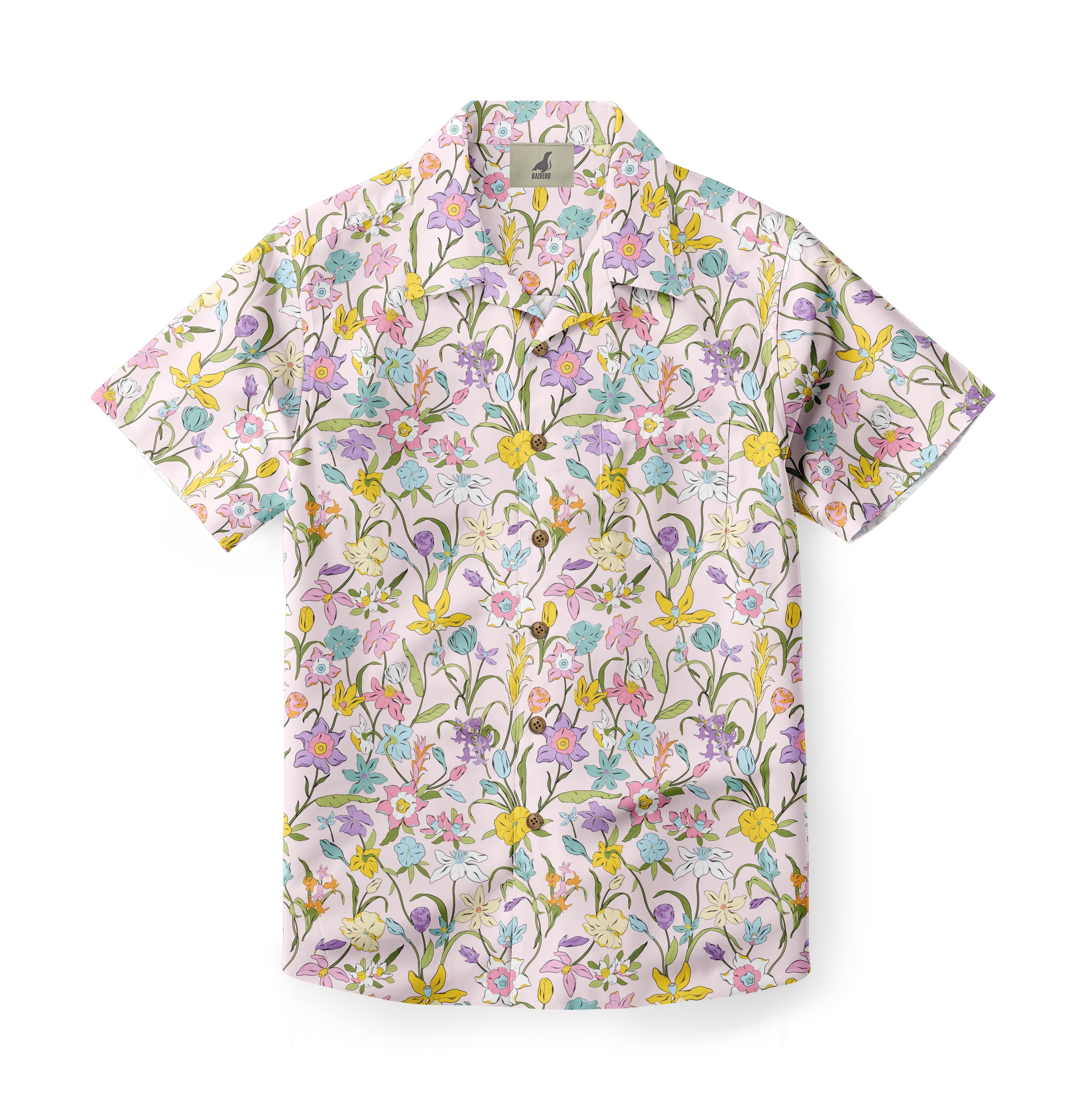 Pink floral short-sleeve shirt with colorful flowers.