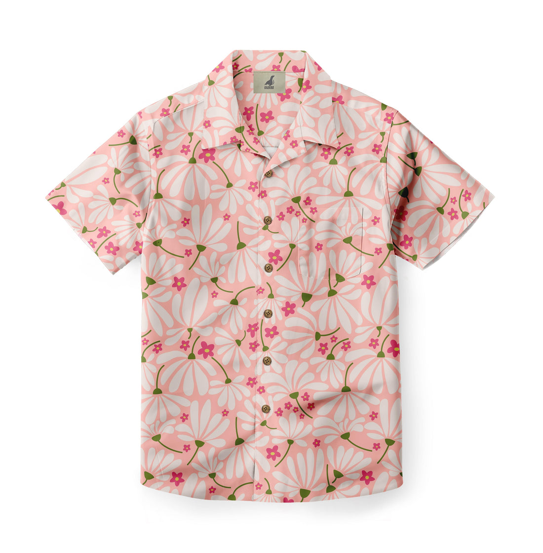 Pink floral short-sleeve button-up shirt with white flowers.