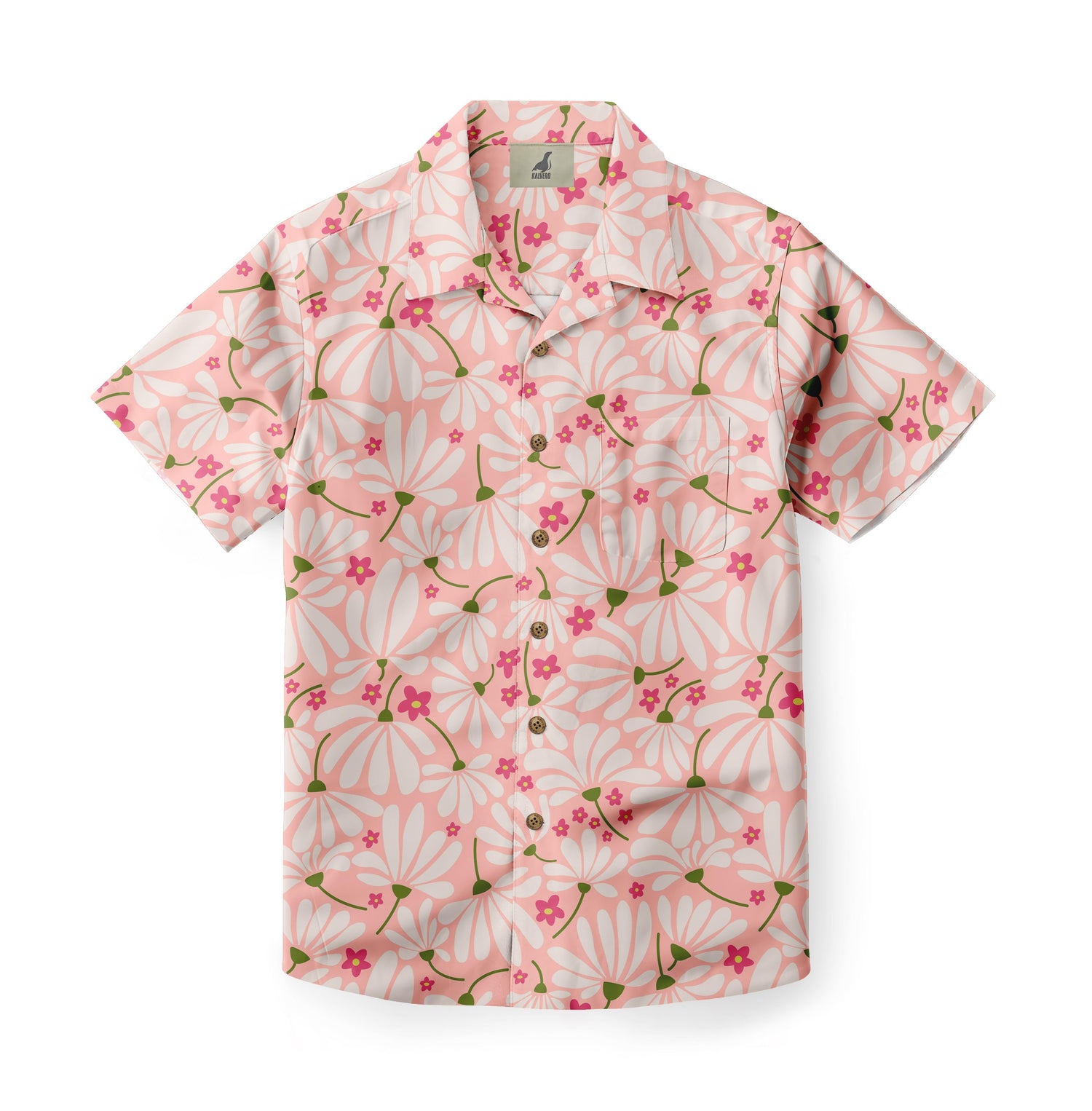 Pink floral short-sleeve button-up shirt with white flowers.