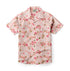 Pink floral short-sleeve button-up shirt with white flowers.