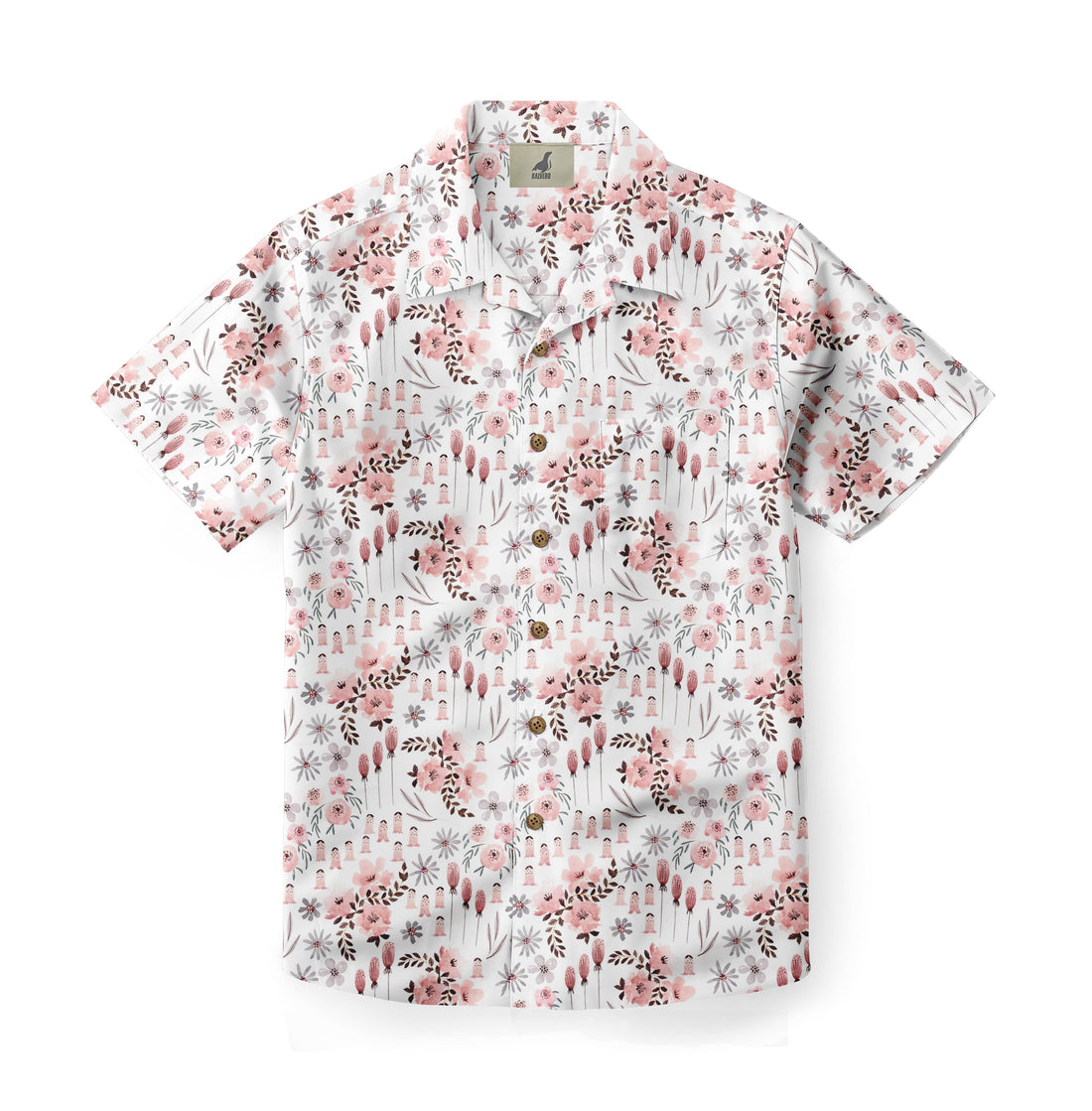 White shirt with pink floral pattern and small figures.