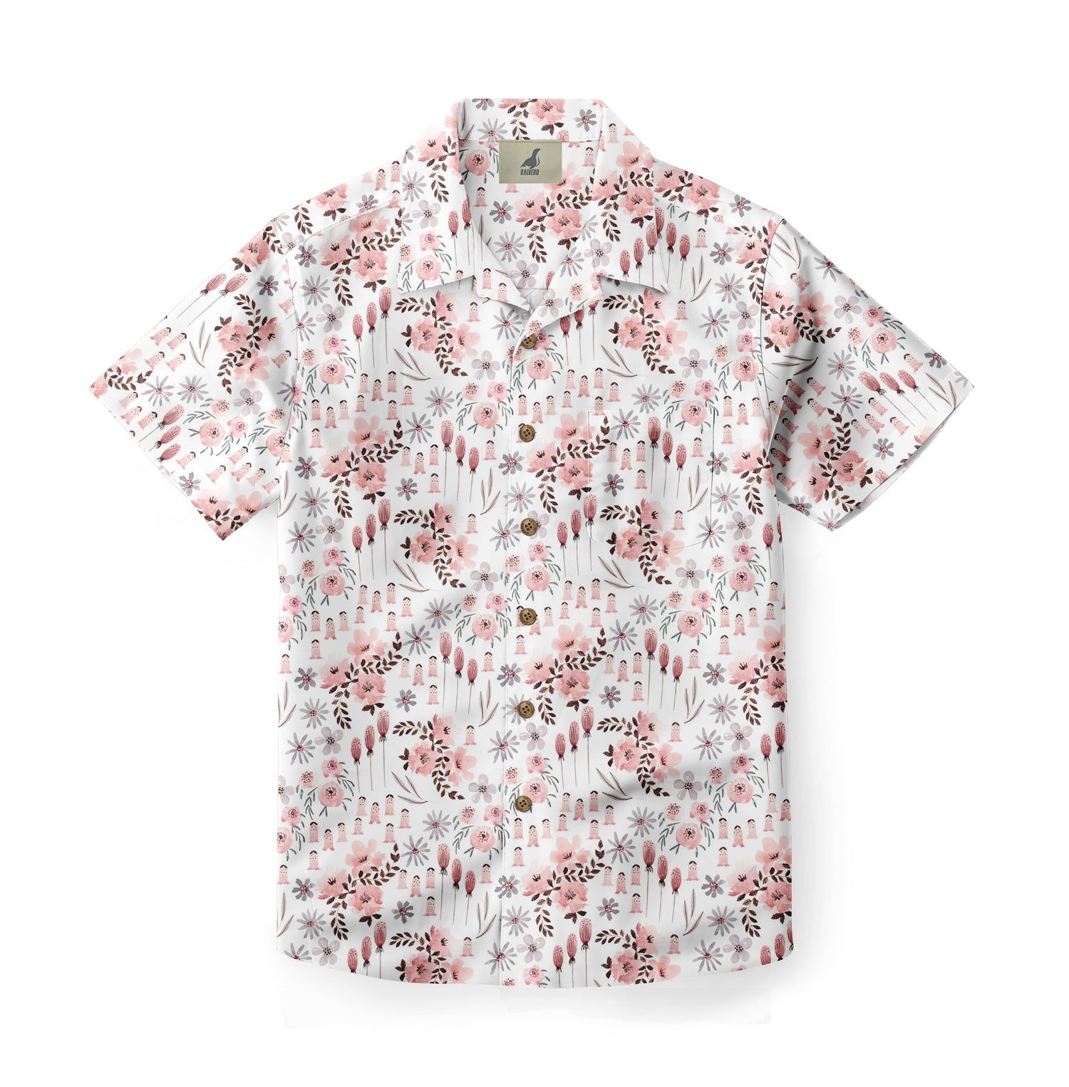 White shirt with pink floral pattern and small figures.