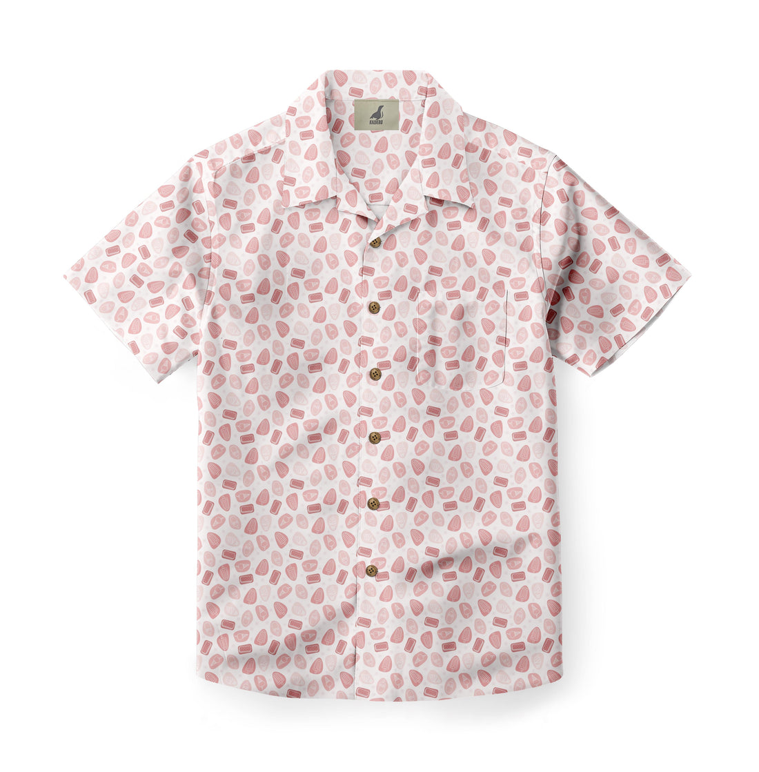 White short-sleeve shirt with pink geometric patterns and buttons.