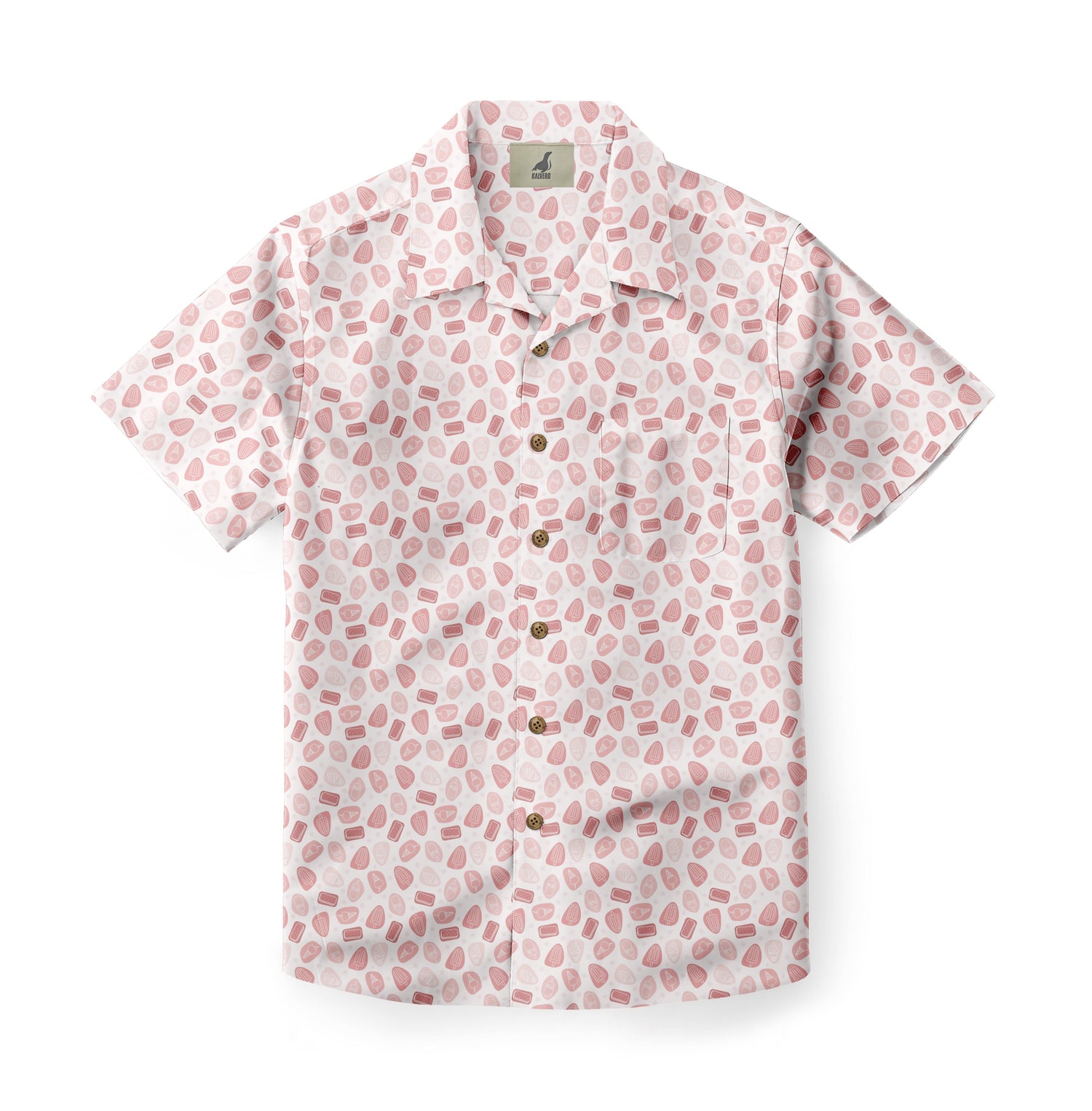 White short-sleeve shirt with pink geometric patterns and buttons.