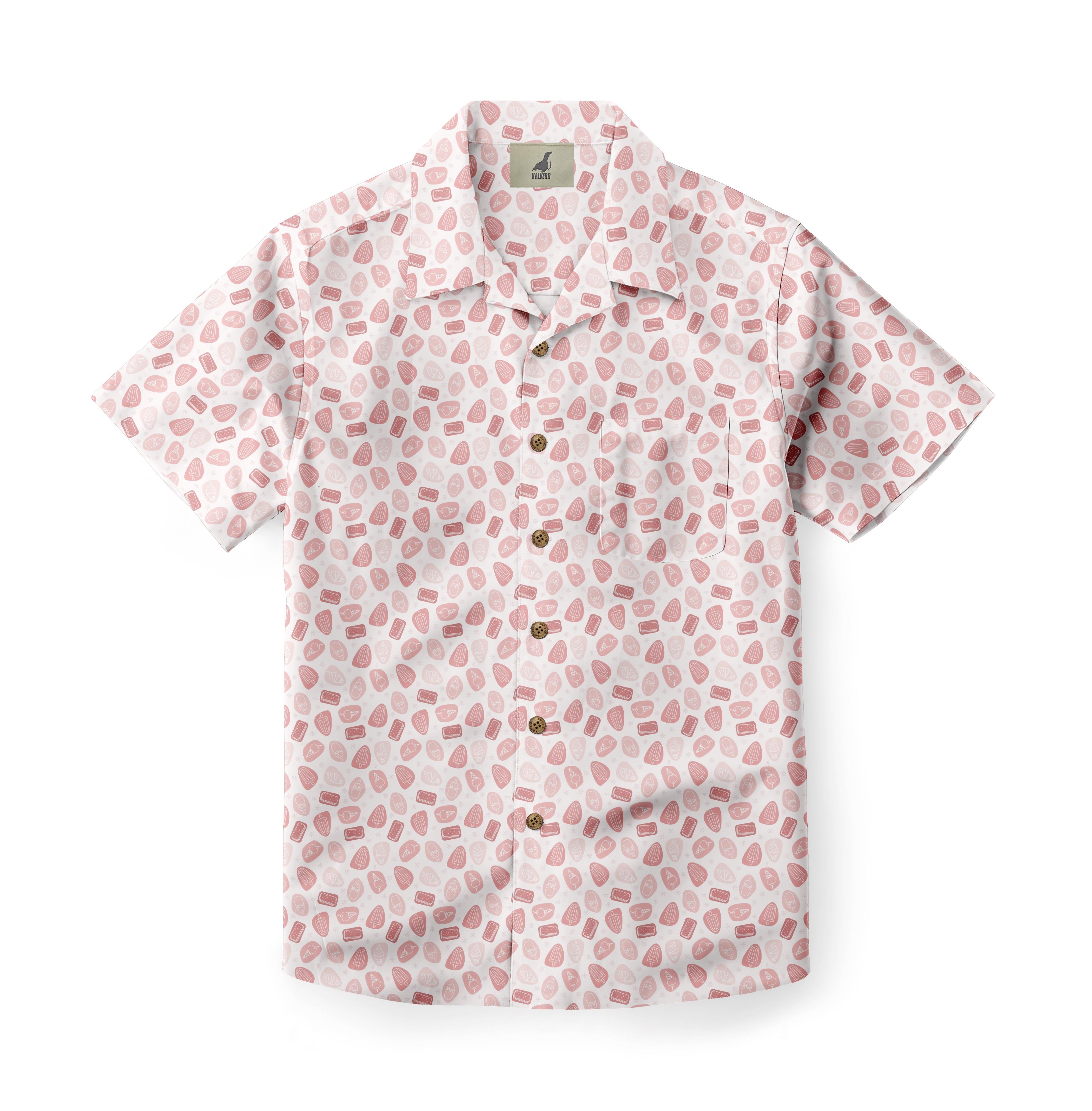 White short-sleeve shirt with pink geometric patterns and buttons.