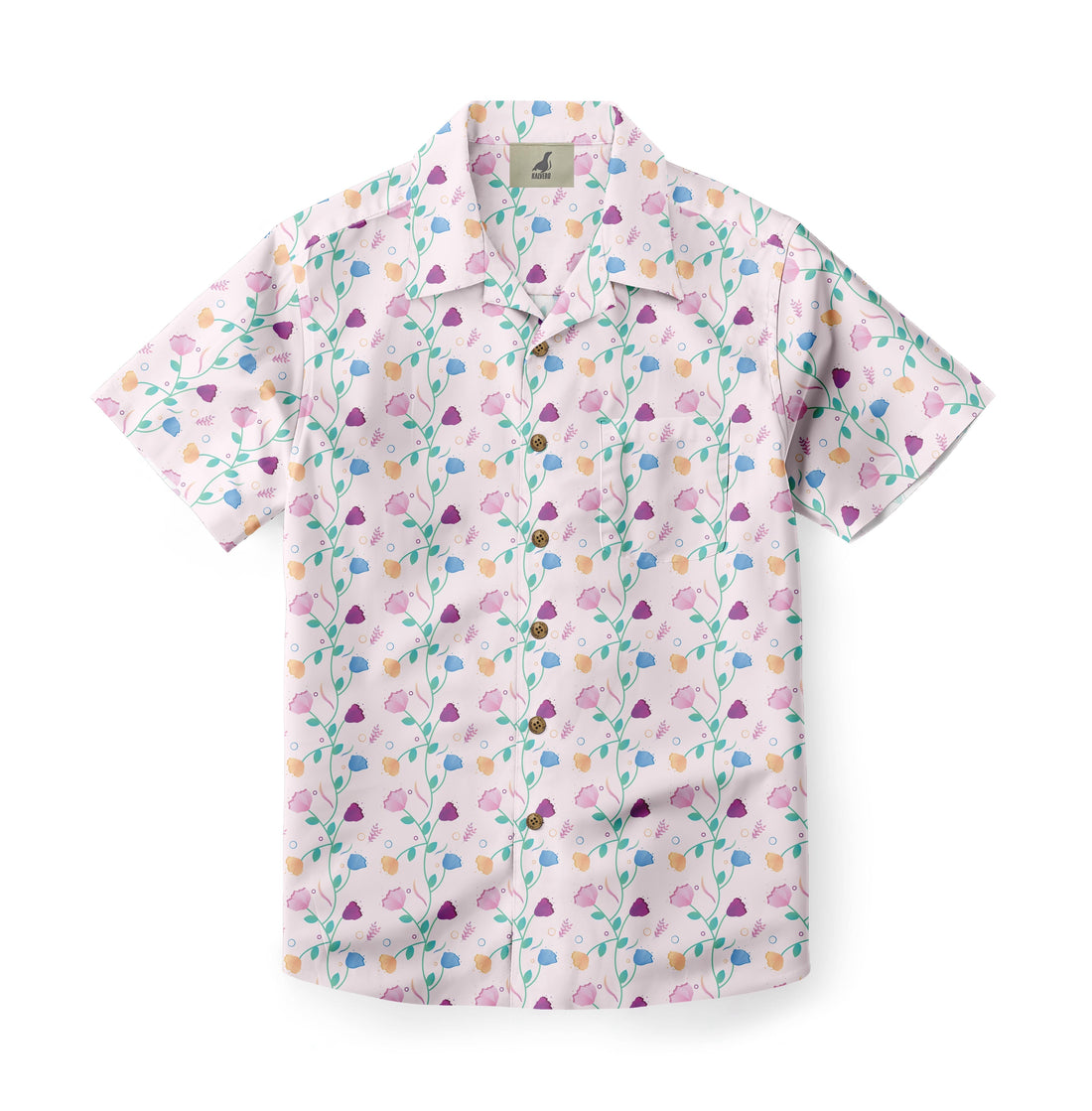 Pink floral short-sleeve shirt with colorful flowers and vines.