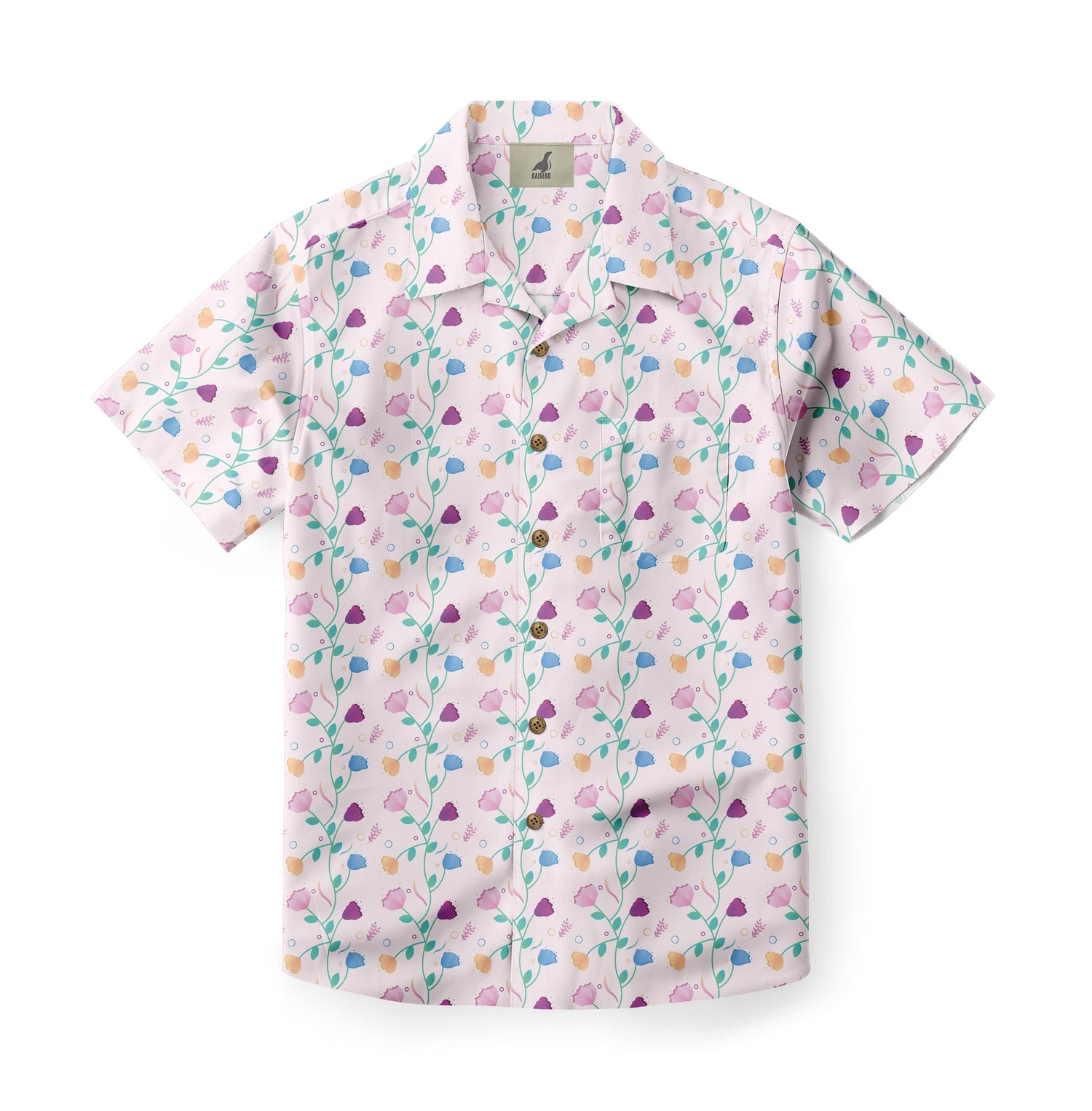 Pink floral short-sleeve shirt with colorful flowers and vines.