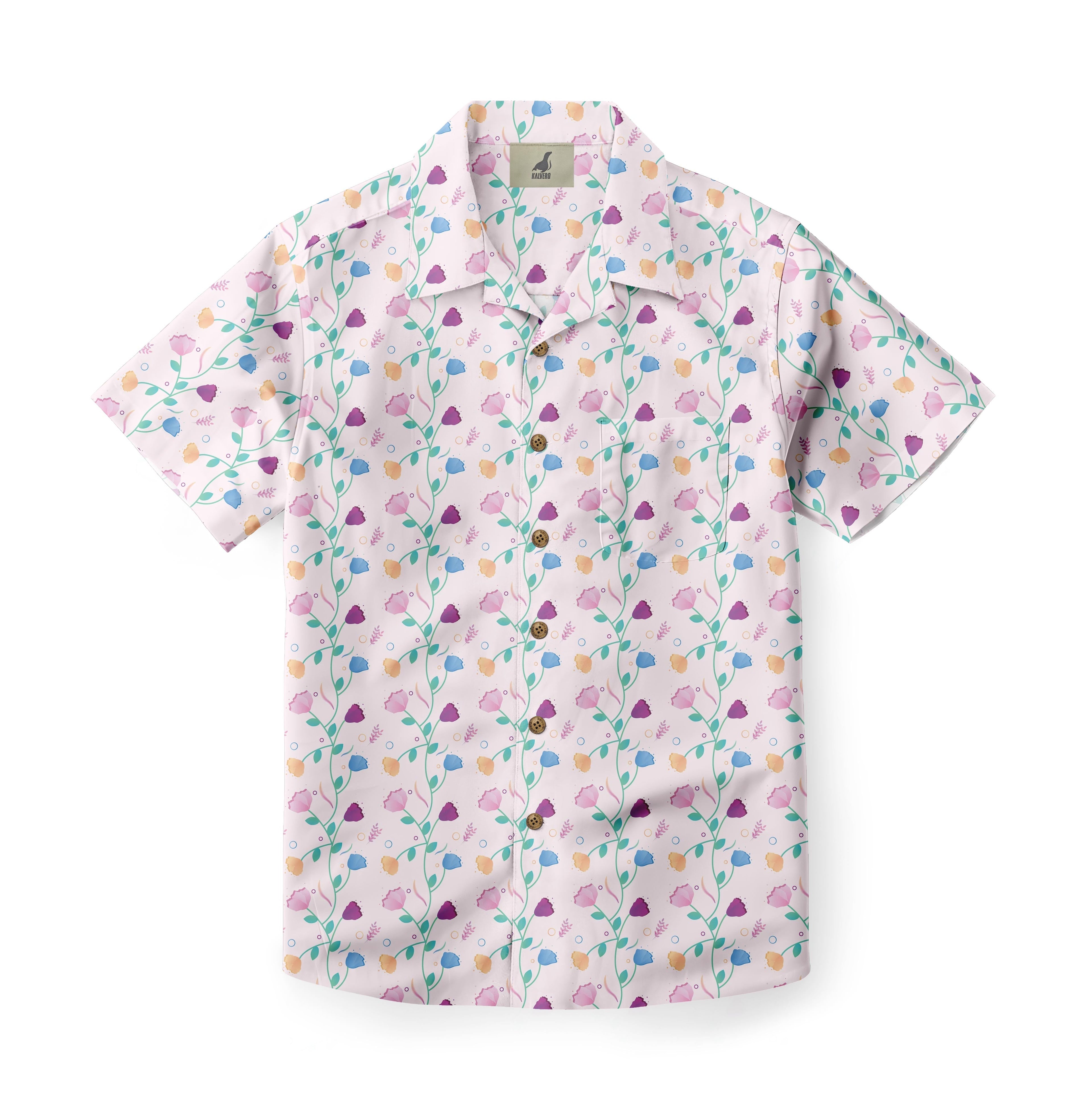 Pink floral short-sleeve shirt with colorful flowers and vines.