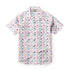 Pink floral short-sleeve shirt with colorful flowers and vines.