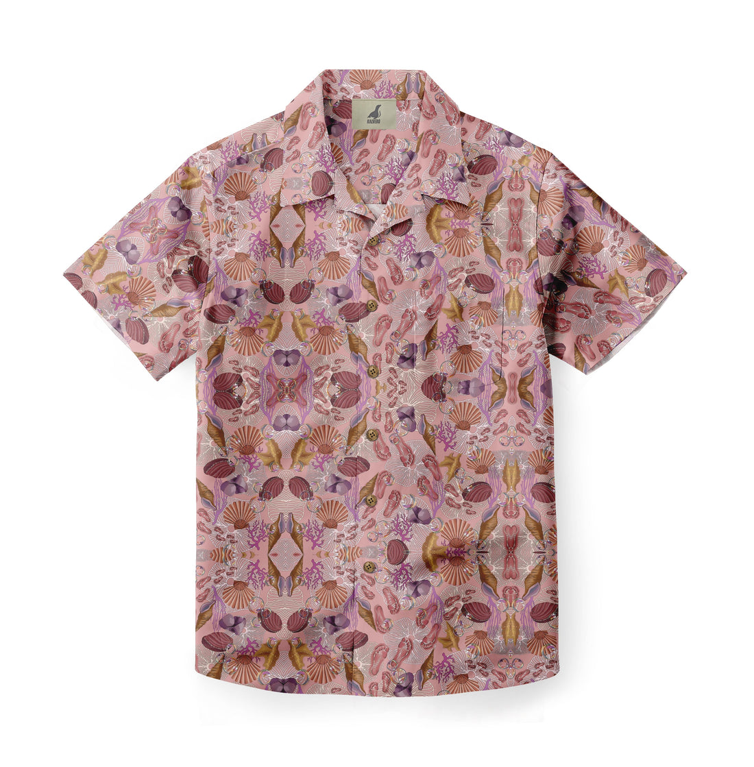 Pink short-sleeve shirt with intricate shell and floral patterns.