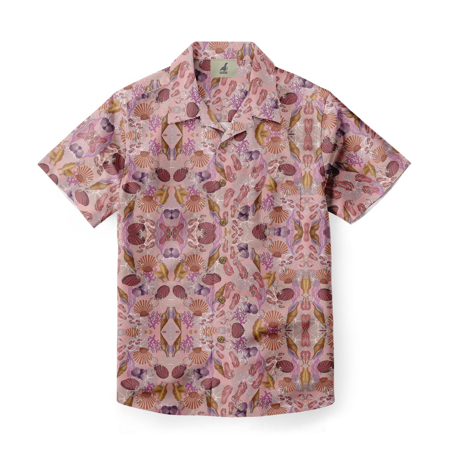 Pink short-sleeve shirt with intricate shell and floral patterns.