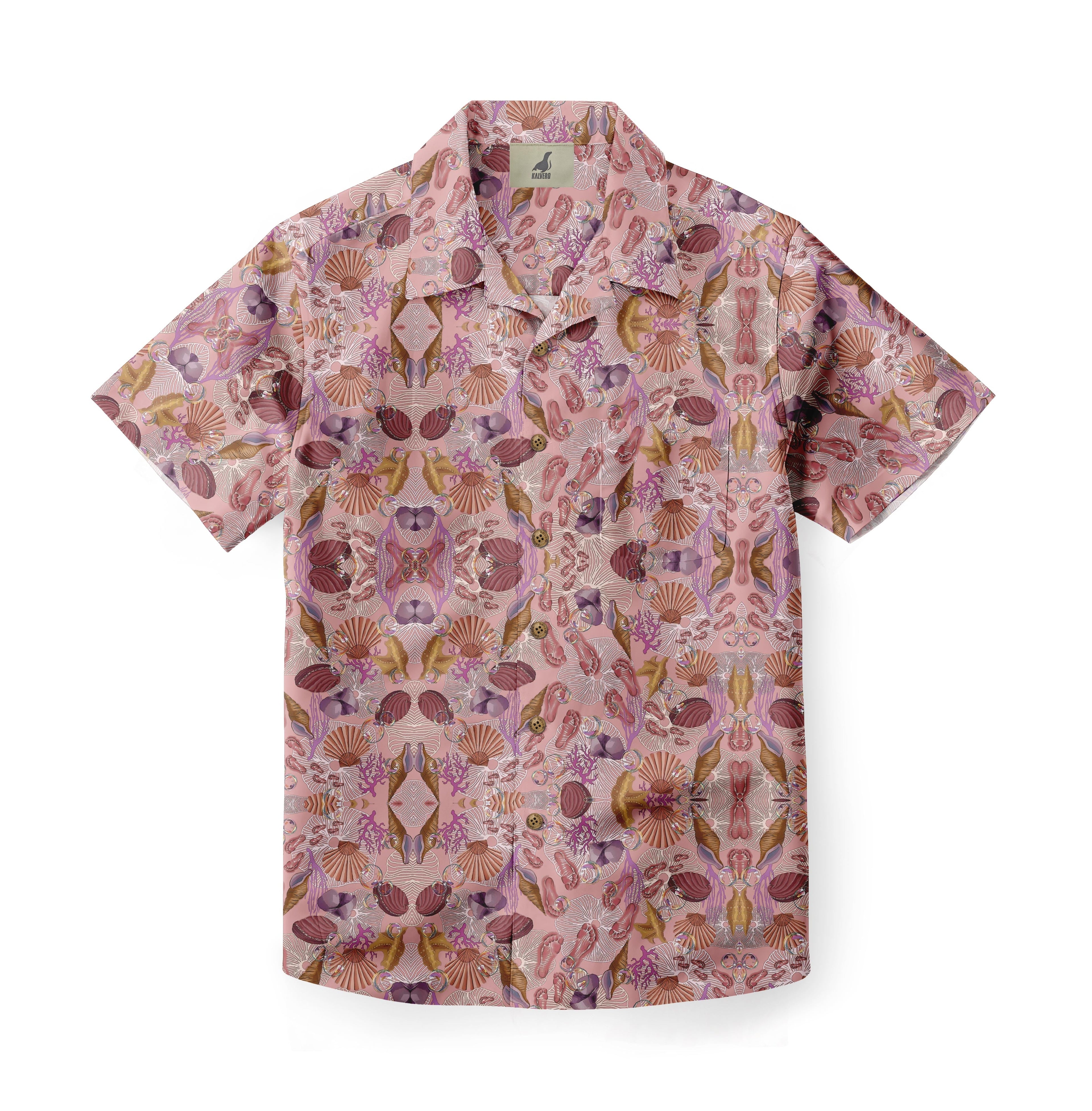 Pink short-sleeve shirt with intricate shell and floral patterns.