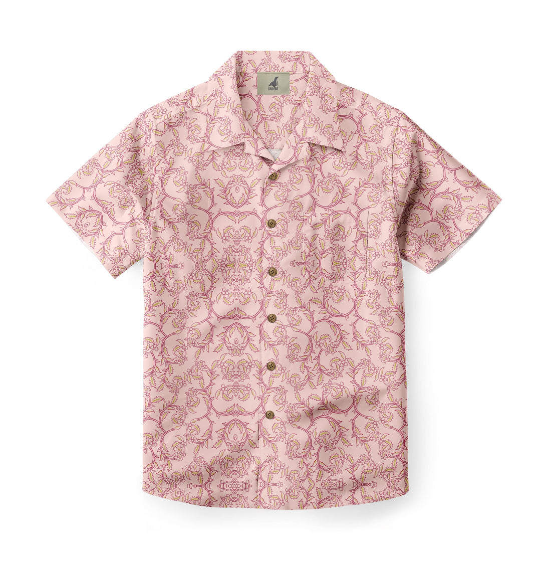 Pink short-sleeve shirt with floral pattern and buttons.
