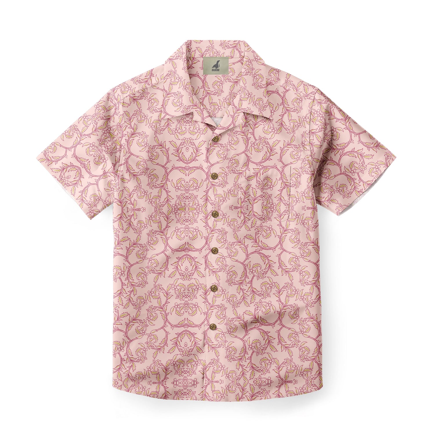 Pink short-sleeve shirt with floral pattern and buttons.