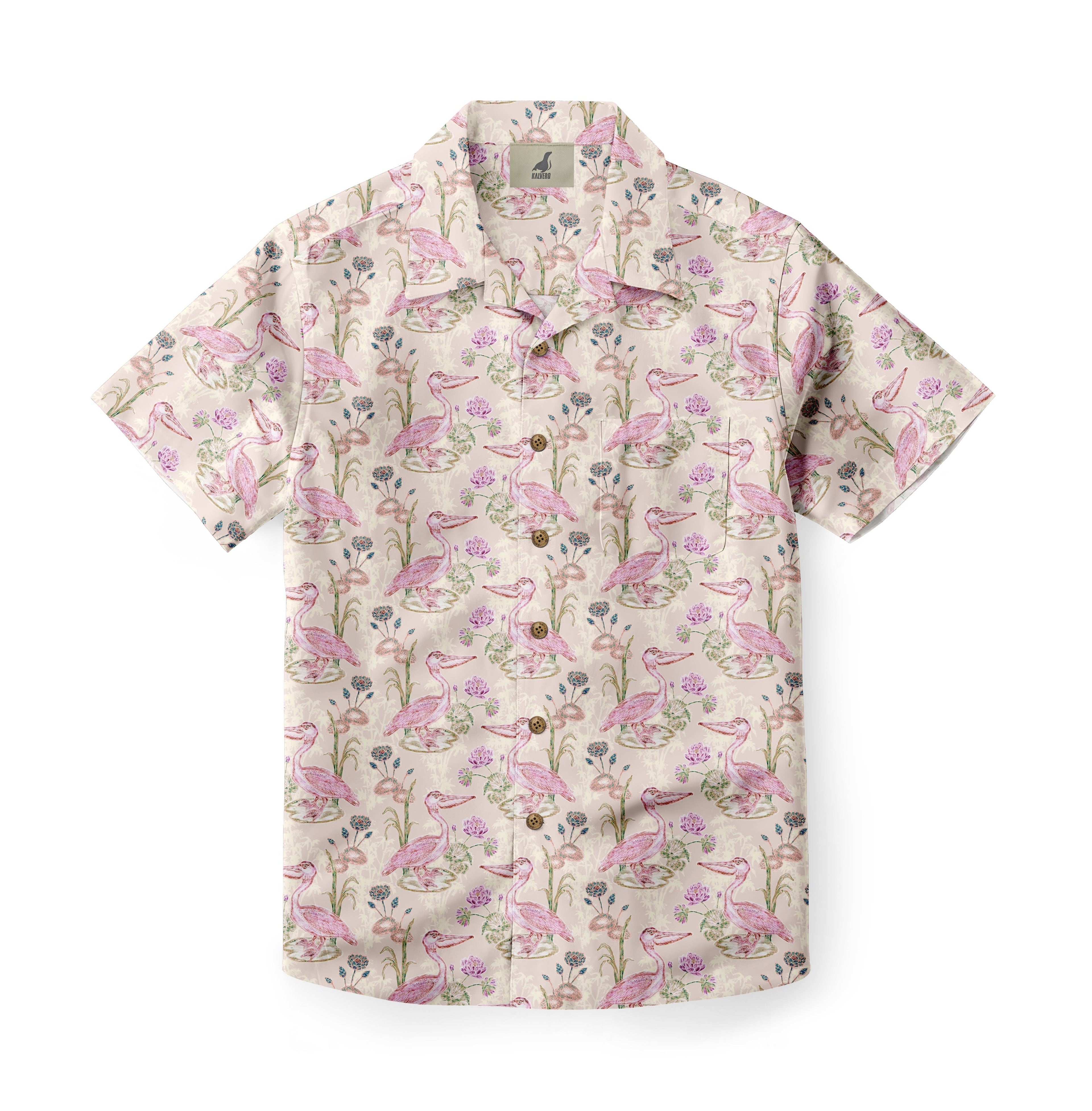 Beige shirt with pink birds and flowers pattern.