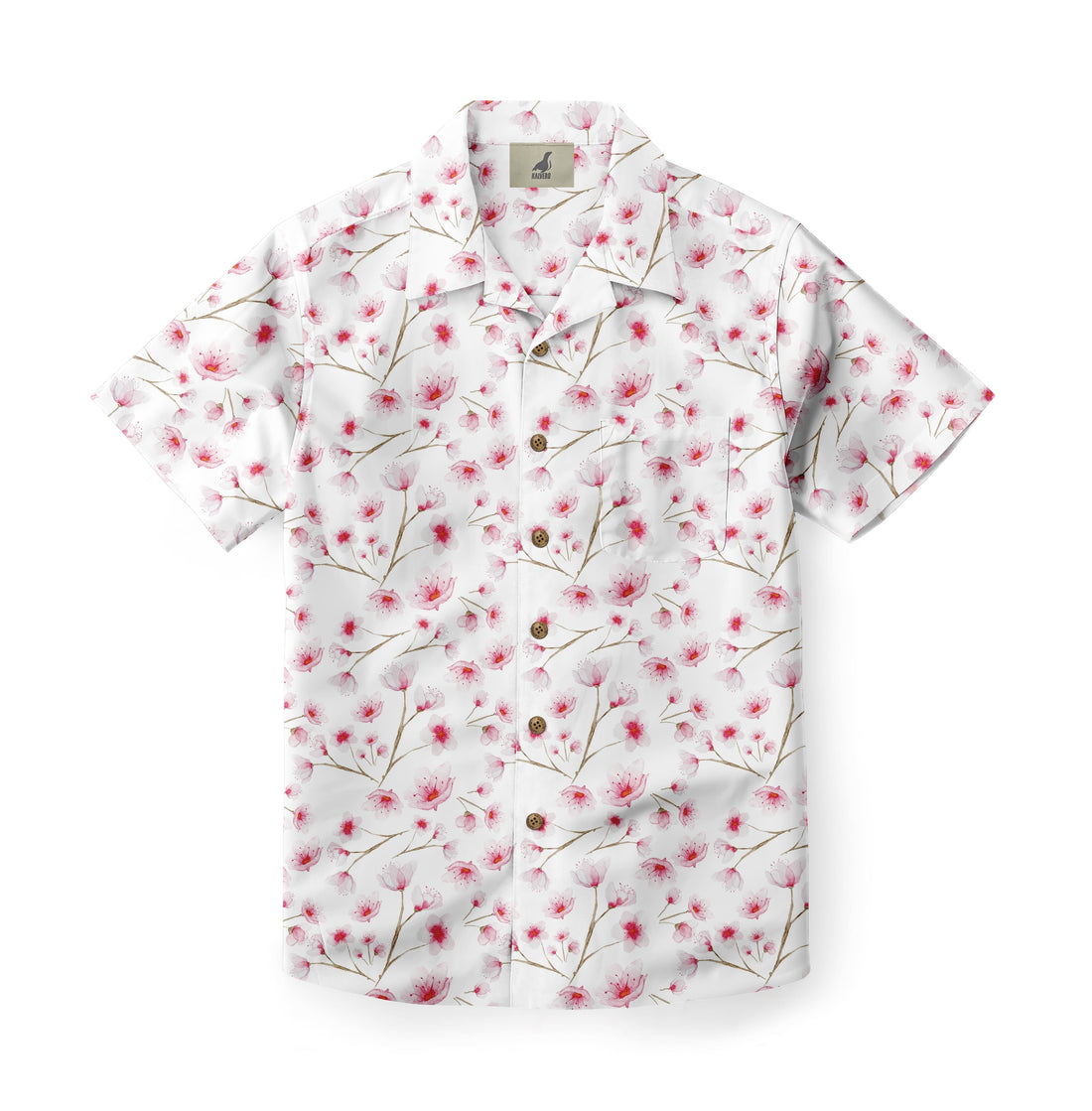 White shirt with pink floral pattern and brown buttons.