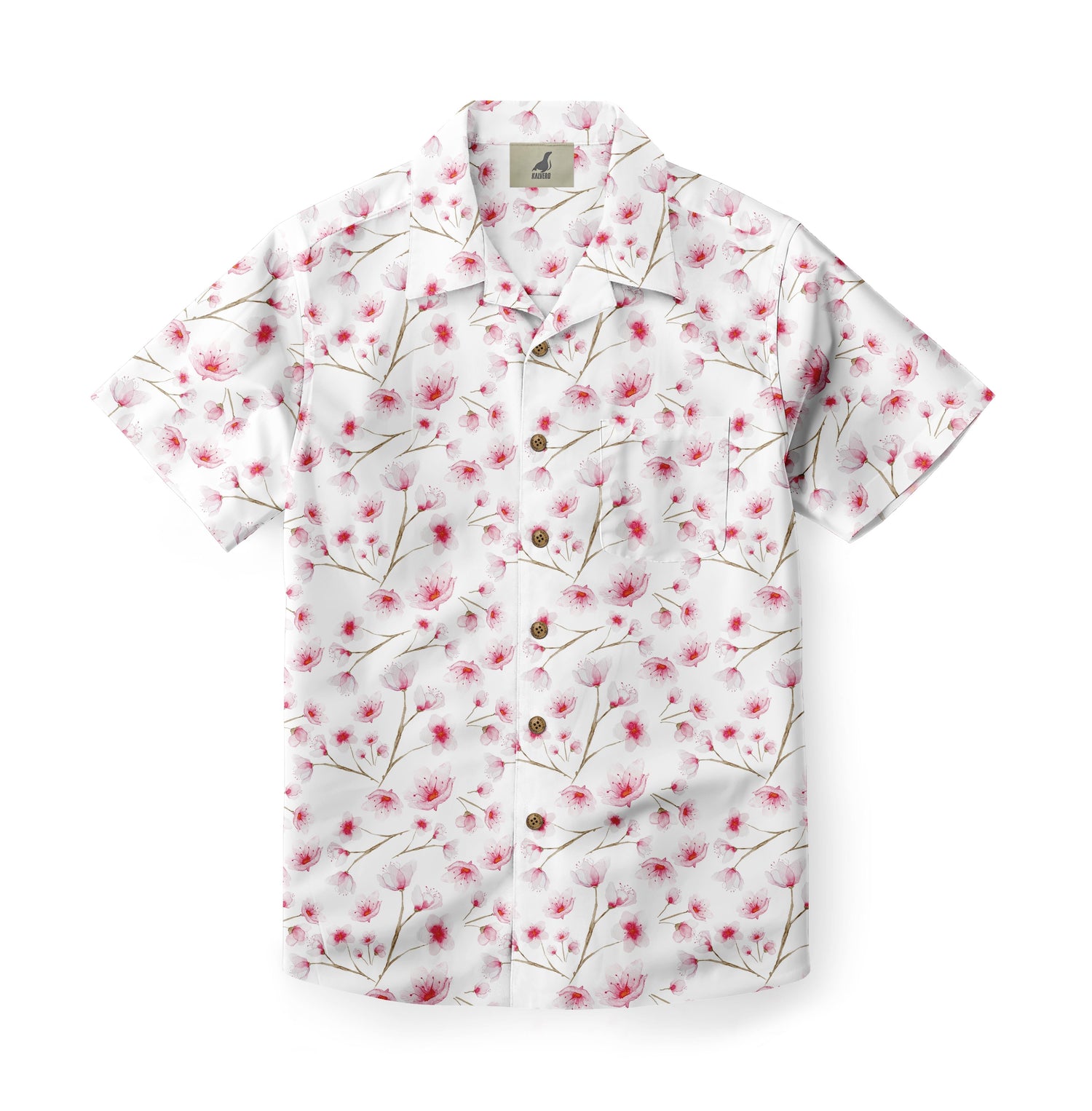 White shirt with pink floral pattern and brown buttons.