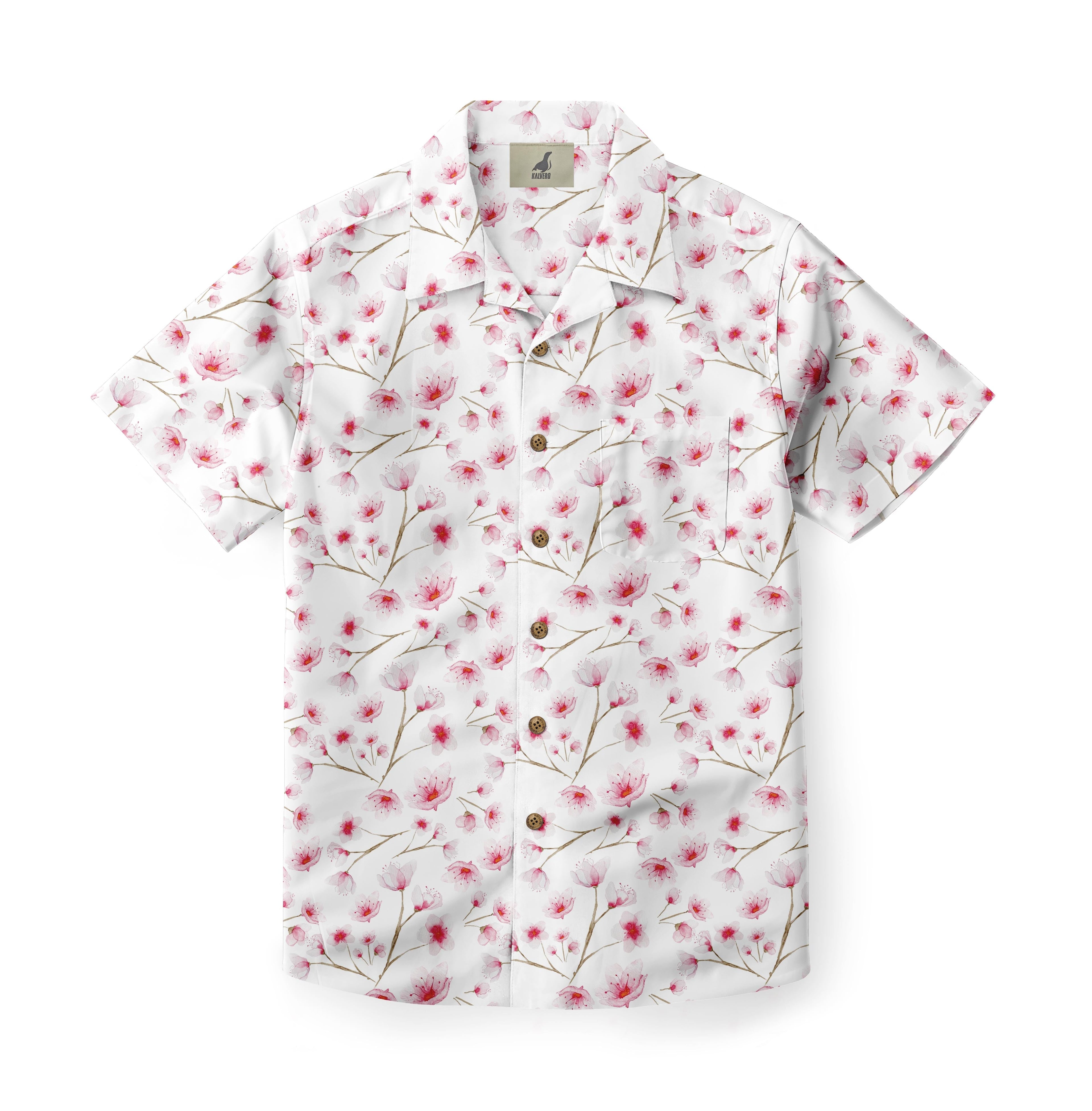 White shirt with pink floral pattern and brown buttons.