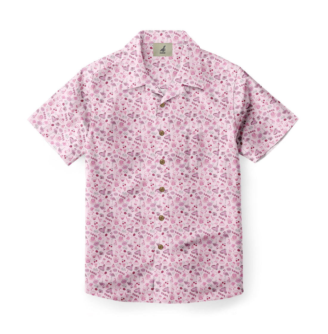 Pink short-sleeve shirt with colorful food pattern and buttons.